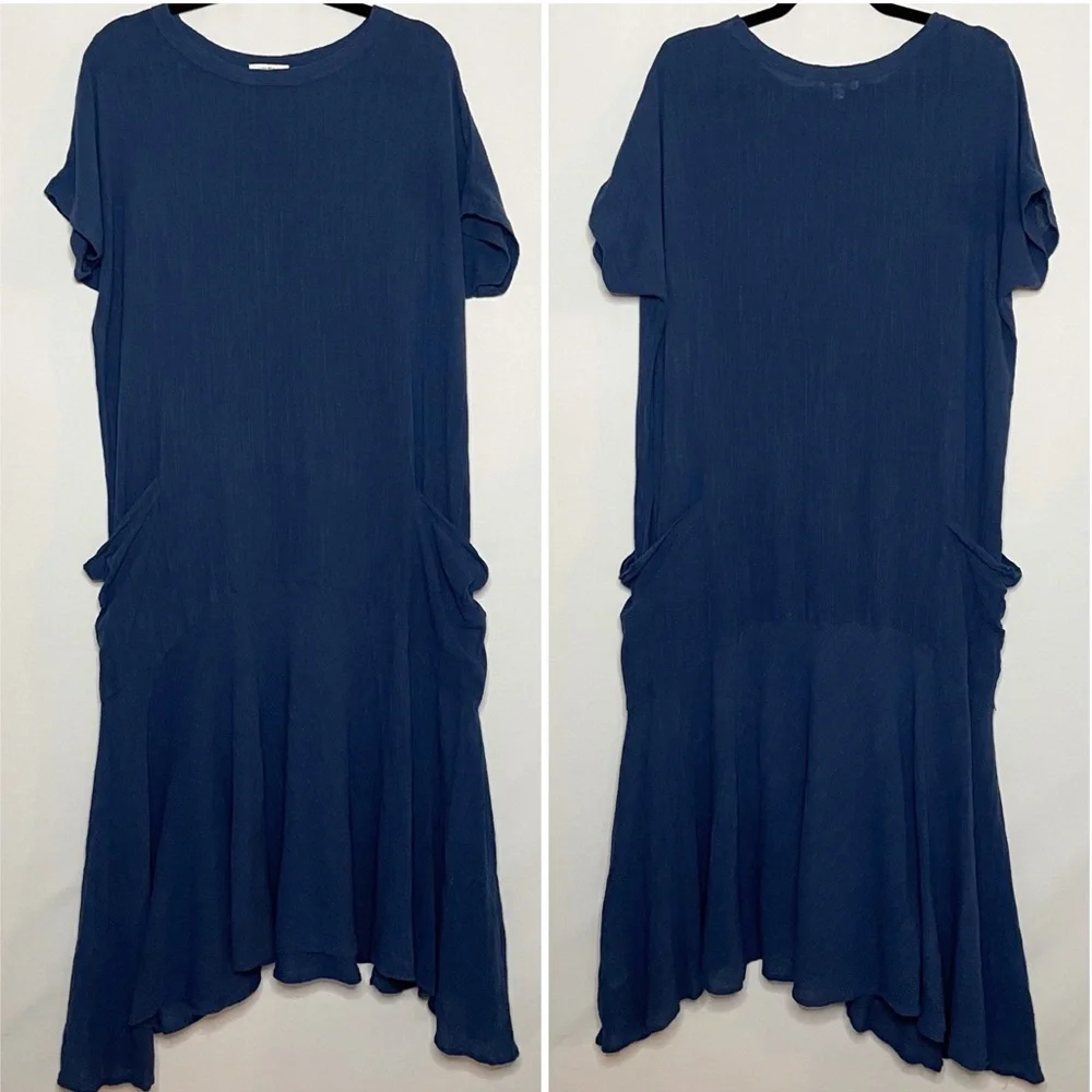 Umgee Boho Lagenlook Gauzy Cotton Loose Fit Sharkbite Hem Midi Dress
